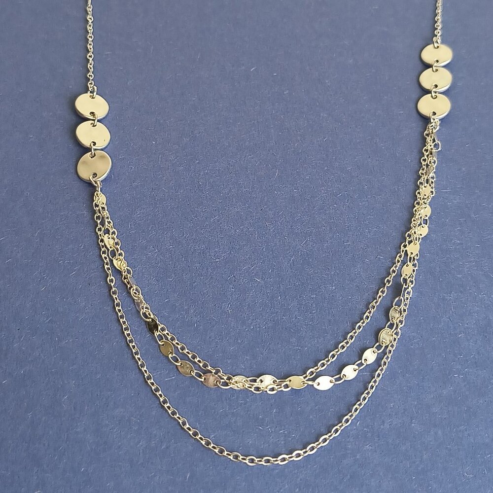 Silver Tone Hammered Metal Disc Multi-Row Chain Necklace 31" Statement Casual